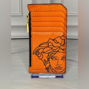Versace Orange Medusa Long Zip Card Holder | Leather Card Case w/ Keyring